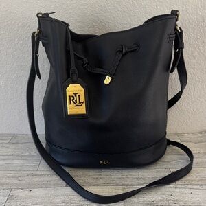 Ralph Lauren Black Pebbled Leather Drawstring Bucket Bag